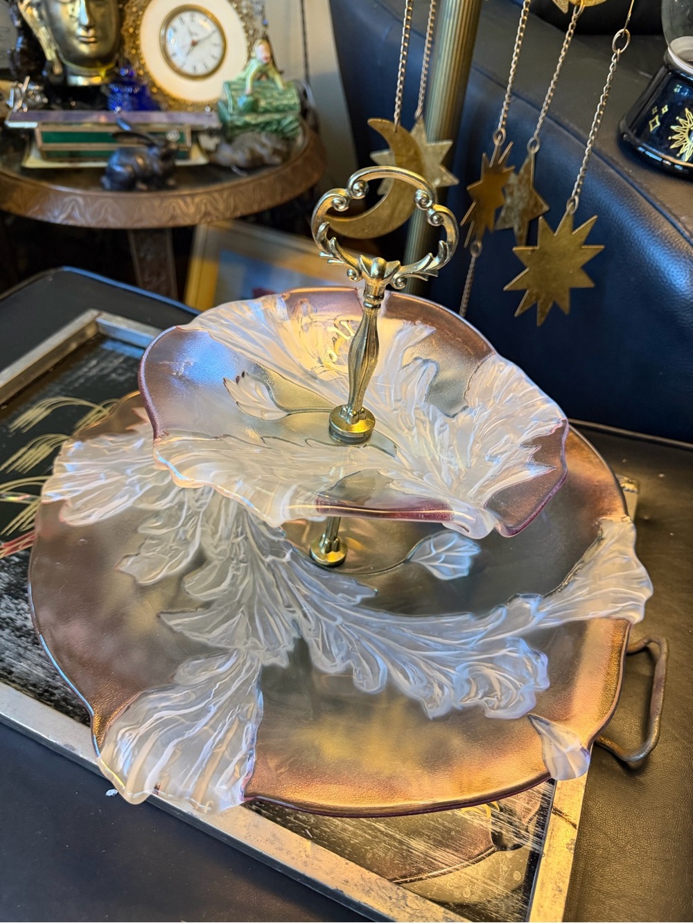 Stunning Vintage Mikaska Crystal Two-Tiered Glass Tulip Motif Serving Tray 10x14